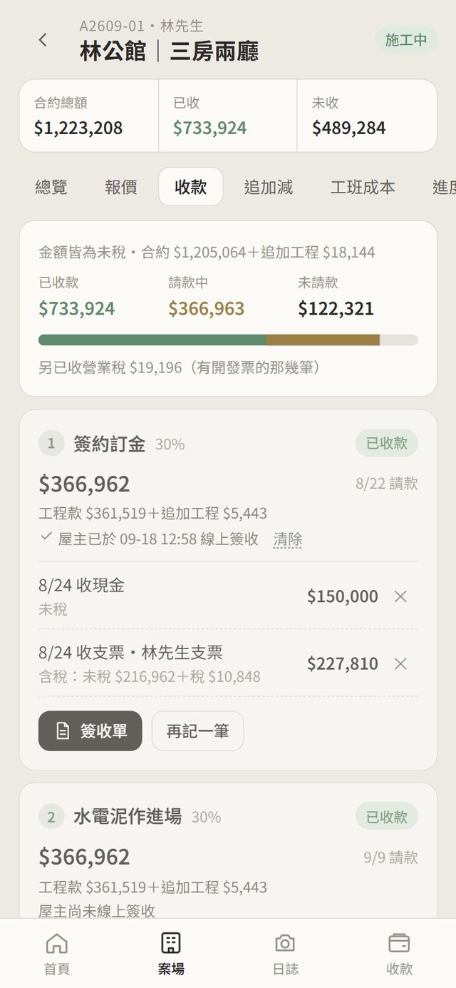 工務本收款頁：各期應收、已收與收款明細